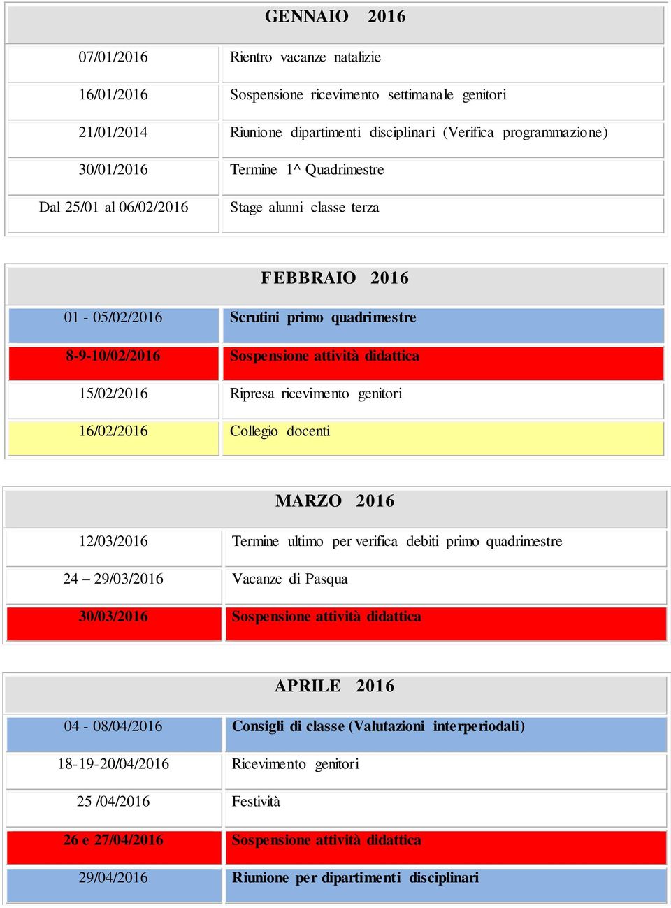 genitori 16/02/2016 Collegio docenti MARZO 2016 12/03/2016 Termine ultimo per verifica debiti primo quadrimestre 24 29/03/2016 Vacanze di Pasqua 30/03/2016 Sospensione attività didattica APRILE 2016