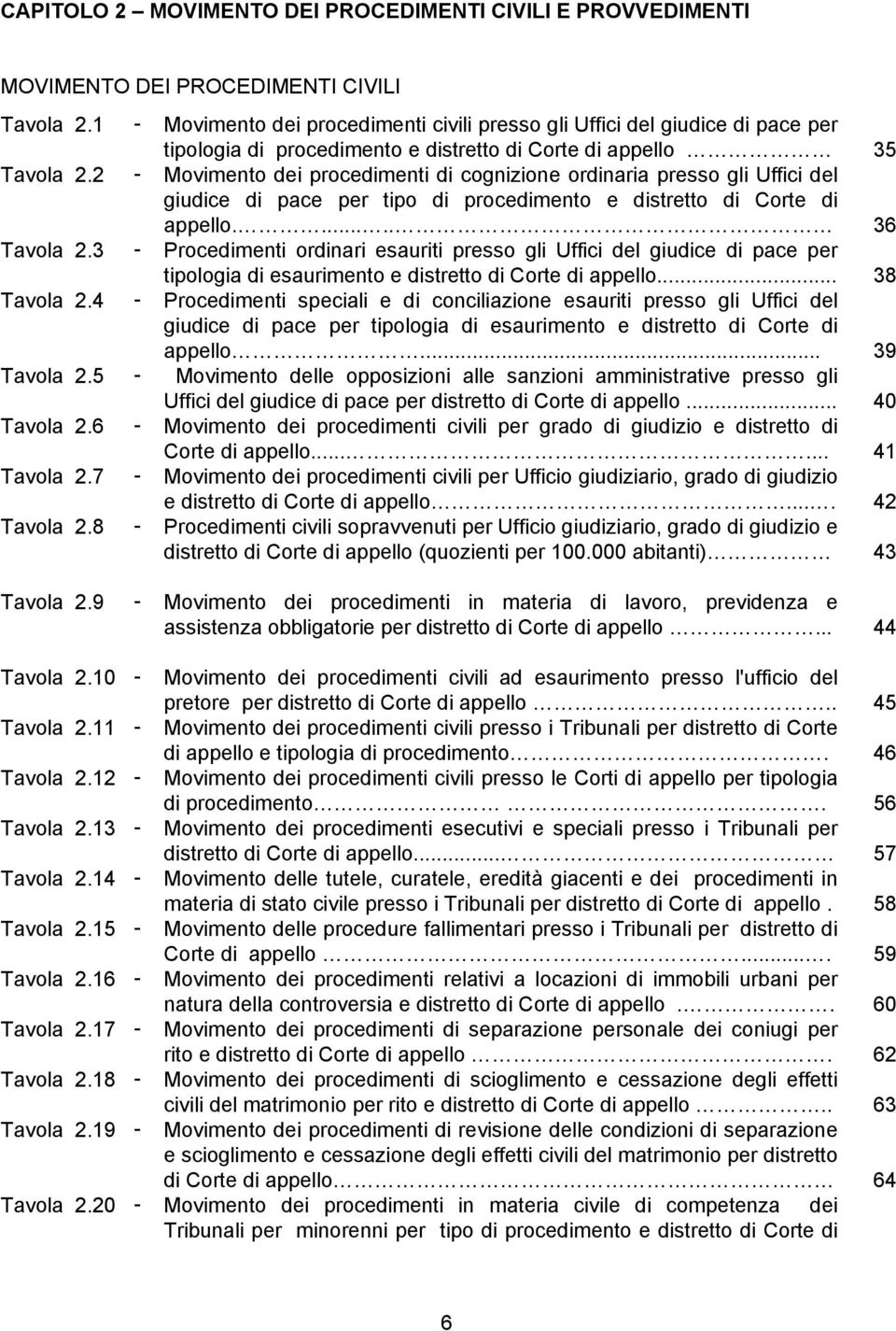 2 - Movimento dei procedimenti di cognizione ordinaria presso gli Uffici del giudice di pace per tipo di procedimento e distretto di Corte di appello...... 36 Tavola 2.