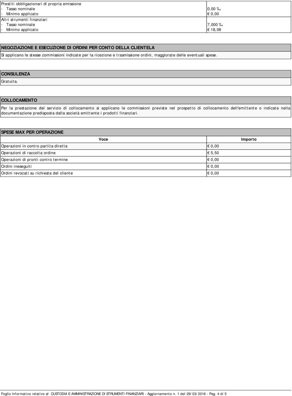 COLLOCAMENTO Per la prestazione del servizio di collocamento si applicano le commissioni previste nel prospetto di collocamento dell'emittente o indicate nella documentazione predisposta dalla