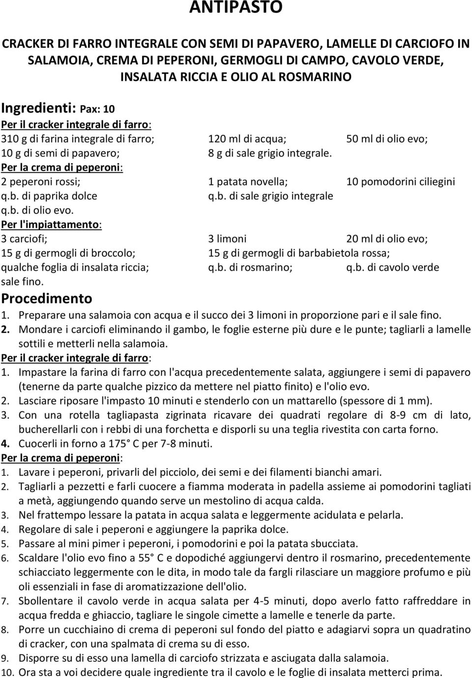 Per la crema di peperoni: 2 peperoni rossi; 1 patata novella; 10 pomodorini ciliegini q.b. di paprika dolce q.b. di sale grigio integrale q.b. di olio evo.