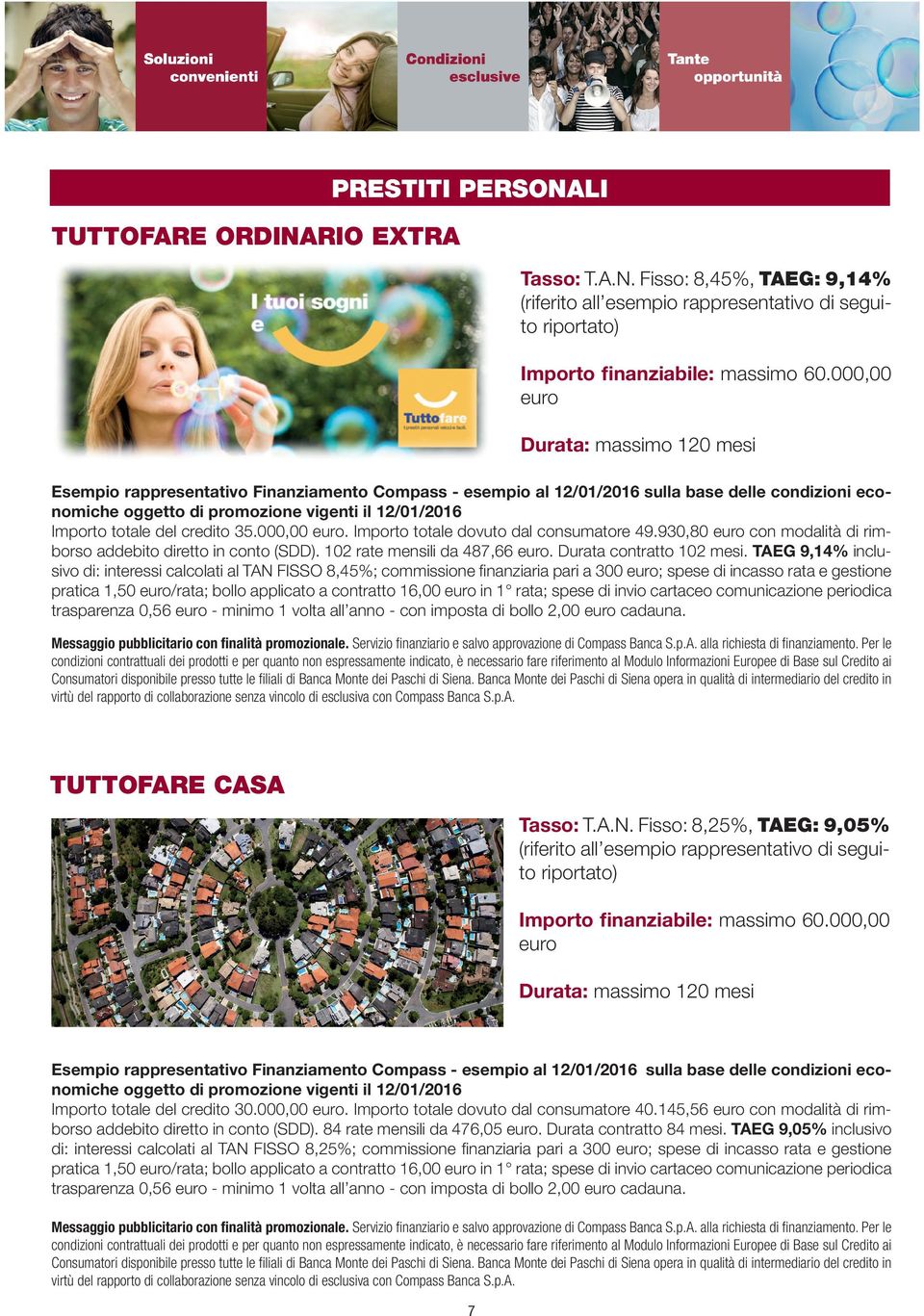 totale del credito 35.000,00 euro. Importo totale dovuto dal consumatore 49.930,80 euro con modalità di rimborso addebito diretto in conto (SDD). 102 rate mensili da 487,66 euro.