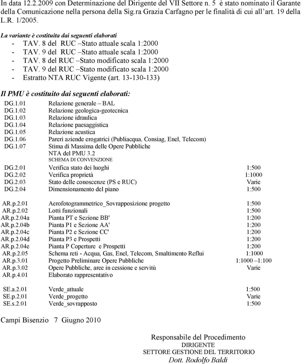 8 del RUC Stato modificato scala 1:2000 - TAV. 9 del RUC Stato modificato scala 1:2000 - Estratto NTA RUC Vigente (art. 13-130-133) Il PMU è costituito dai seguenti elaborati: DG.1.01 Relazione generale BAL DG.