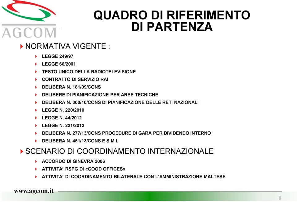 300/10/CONS DI PIANIFICAZIONE DELLE RETI NAZIONALI LEGGE N. 220/2010 LEGGE N. 44/2012 LEGGE N. 221/2012 DELIBERA N.