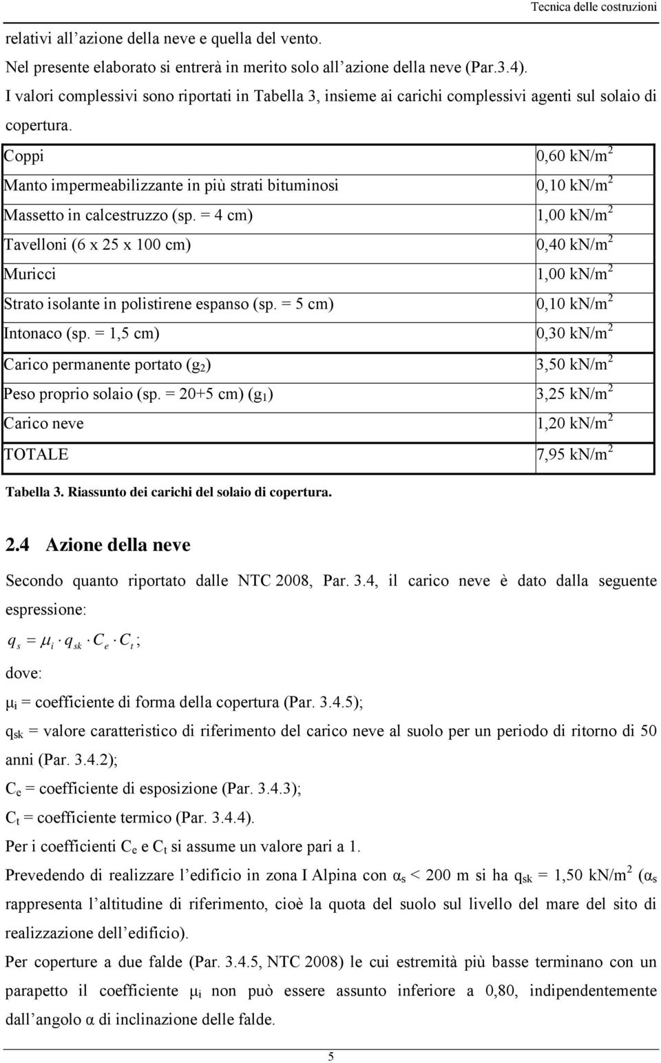 Coppi 0,60 kn/m 2 Manto impermeabilizzante in più strati bituminosi 0,10 kn/m 2 Massetto in calcestruzzo (sp.