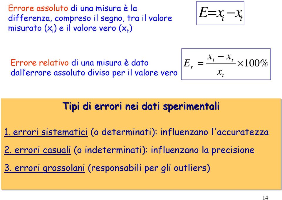 t x t 100% Tipi di errori nei dati sperimentali 1. errori sistematici (o determinati): influenzano l'accuratezza.