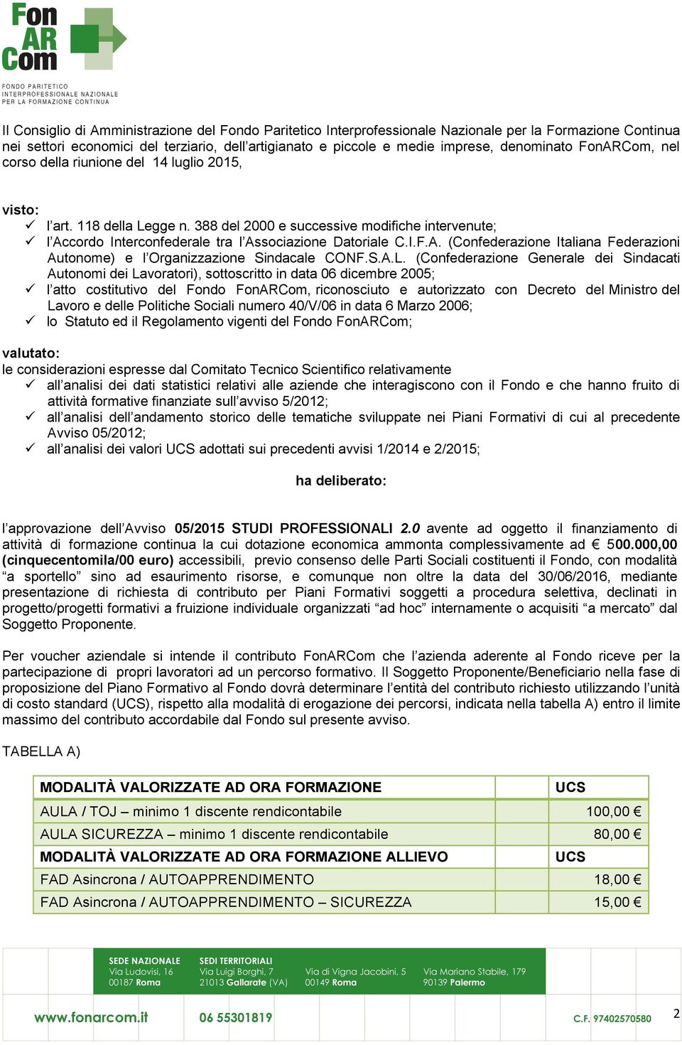 388 del 2000 e successive modifiche intervenute; l Accordo Interconfederale tra l Associazione Datoriale C.I.F.A. (Confederazione Italiana Federazioni Autonome) e l Organizzazione Sindacale CONF.S.A.L.