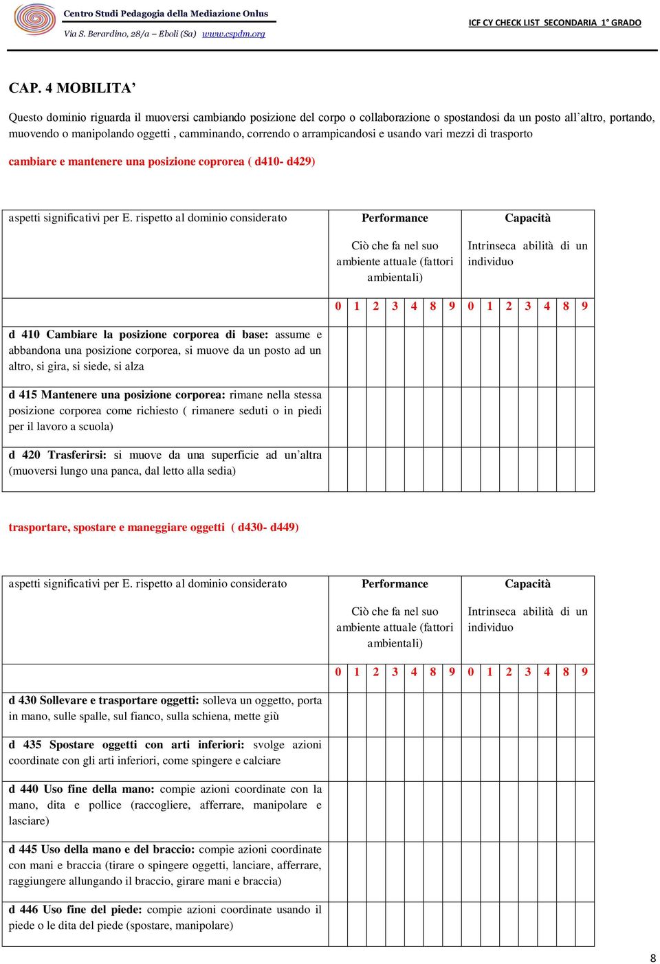 muove da un posto ad un altro, si gira, si siede, si alza d 415 Mantenere una posizione corporea: rimane nella stessa posizione corporea come richiesto ( rimanere seduti o in piedi per il lavoro a