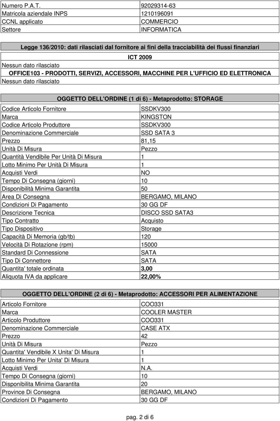 Nessun dato rilasciato OFFICE103 - PRODOTTI, SERVIZI, ACCESSORI, MACCHINE PER L'UFFICIO ED ELETTRONICA Nessun dato rilasciato OGGETTO DELL'ORDINE (1 di 6) - Metaprodotto: STORAGE Codice Articolo