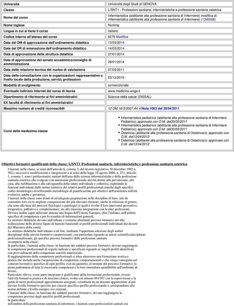 Nursing italiano 9276 Modifica Data del DM di approvazione dell'ordinamento didattico 13/03/2014 Data del DR di emanazione dell'ordinamento didattico 14/03/2014 Data di approvazione della struttura