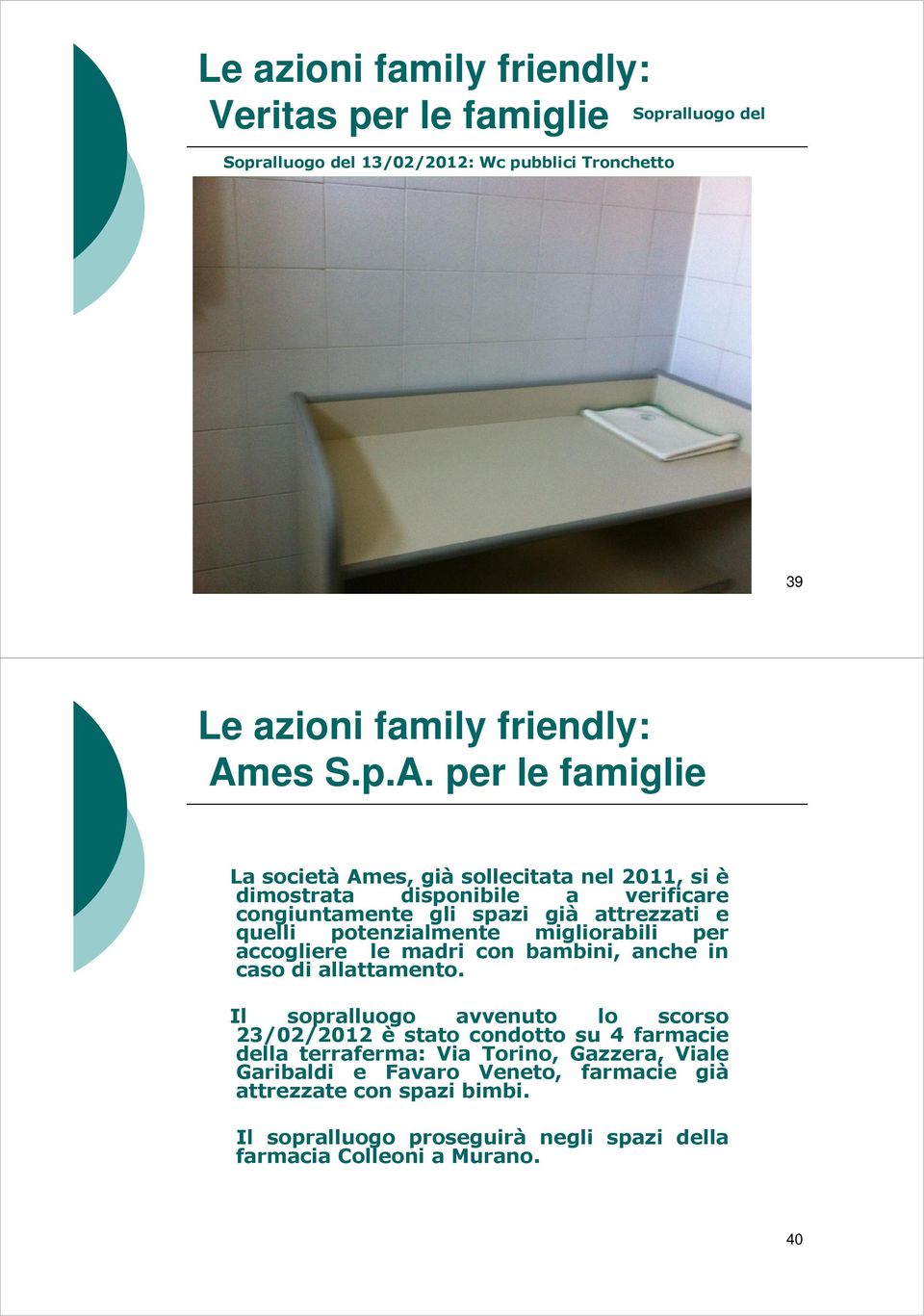 per le famiglie La società Ames, già sollecitata nel 2011, si è dimostrata disponibile a verificare congiuntamente gli spazi già attrezzati e