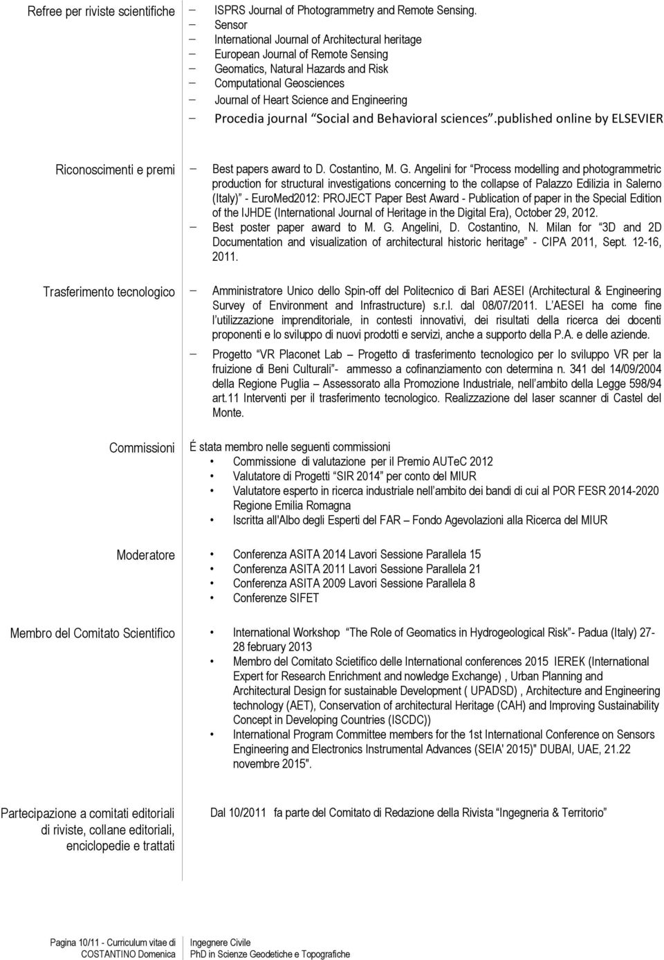 Procedia journal Social and Behavioral sciences.published online by ELSEVIER Riconoscimenti e premi Best papers award to D. Costantino, M. G.