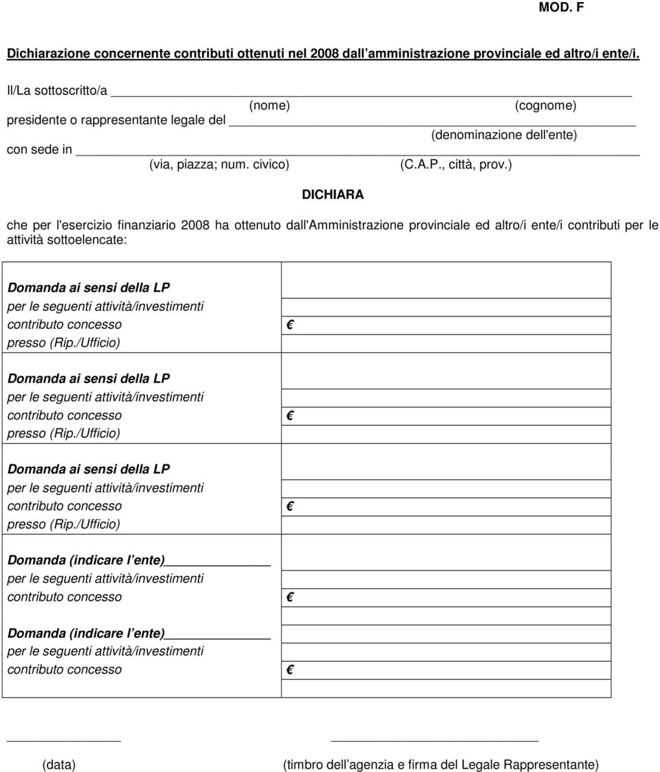 ) DICHIARA che per l'esercizio finanziario 2008 ha ottenuto dall'amministrazione provinciale ed altro/i ente/i contributi per le attività sottoelencate: Domanda ai sensi della LP per le seguenti