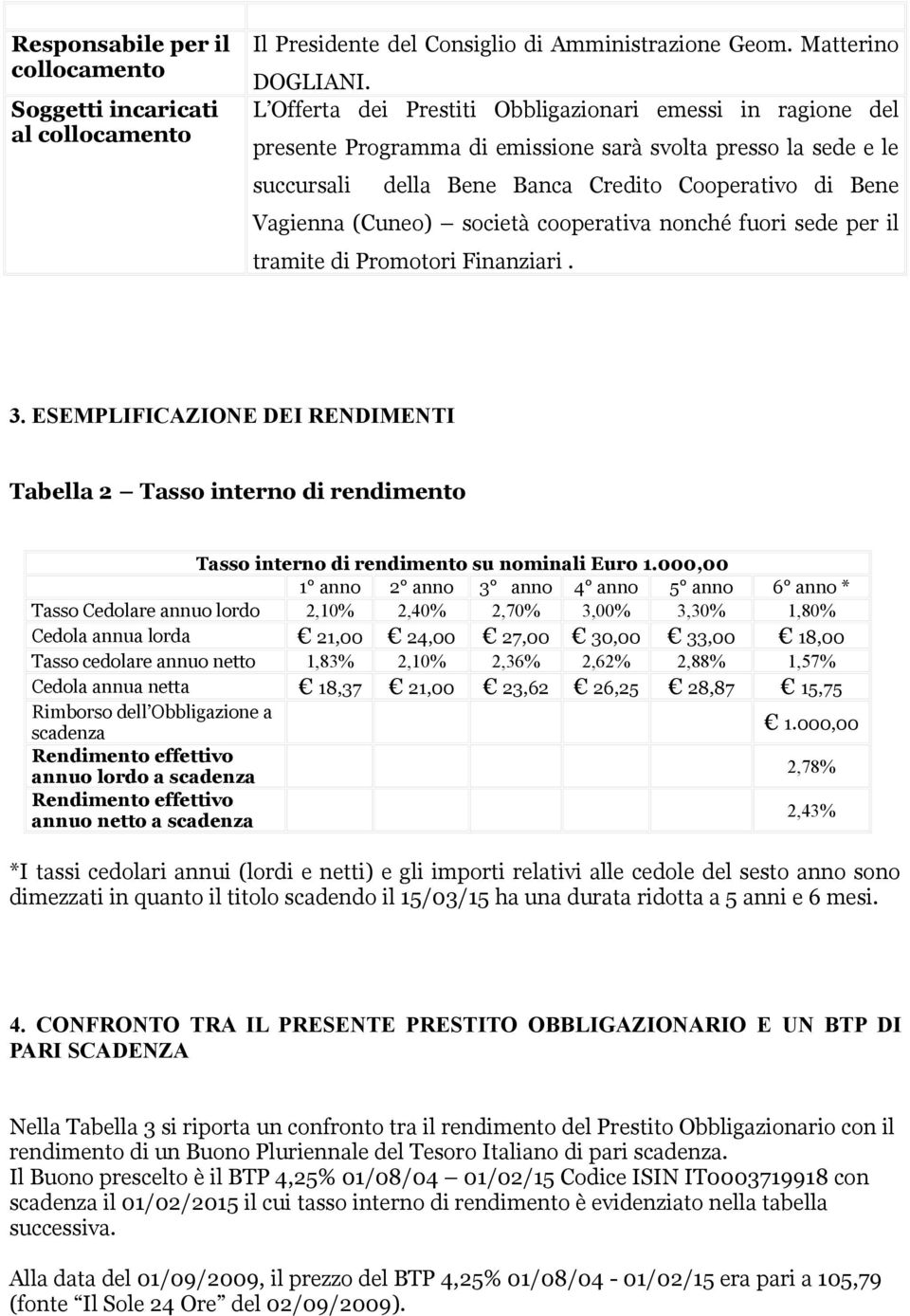 società cooperativa nonché fuori sede per il tramite di Promotori Finanziari. 3. ESEMPLIFICAZIONE DEI RENDIMENTI Tabella 2 Tasso interno di rendimento Tasso interno di rendimento su nominali Euro 1.