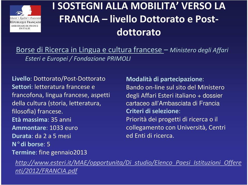 Età massima: 35 anni Ammontare: 1033 euro Durata: da 2 a 5 mesi N di borse: 5 Termine: fine gennaio2013 Bando on-line sul sito del Ministero degli Affari Esteri italiano + dossier