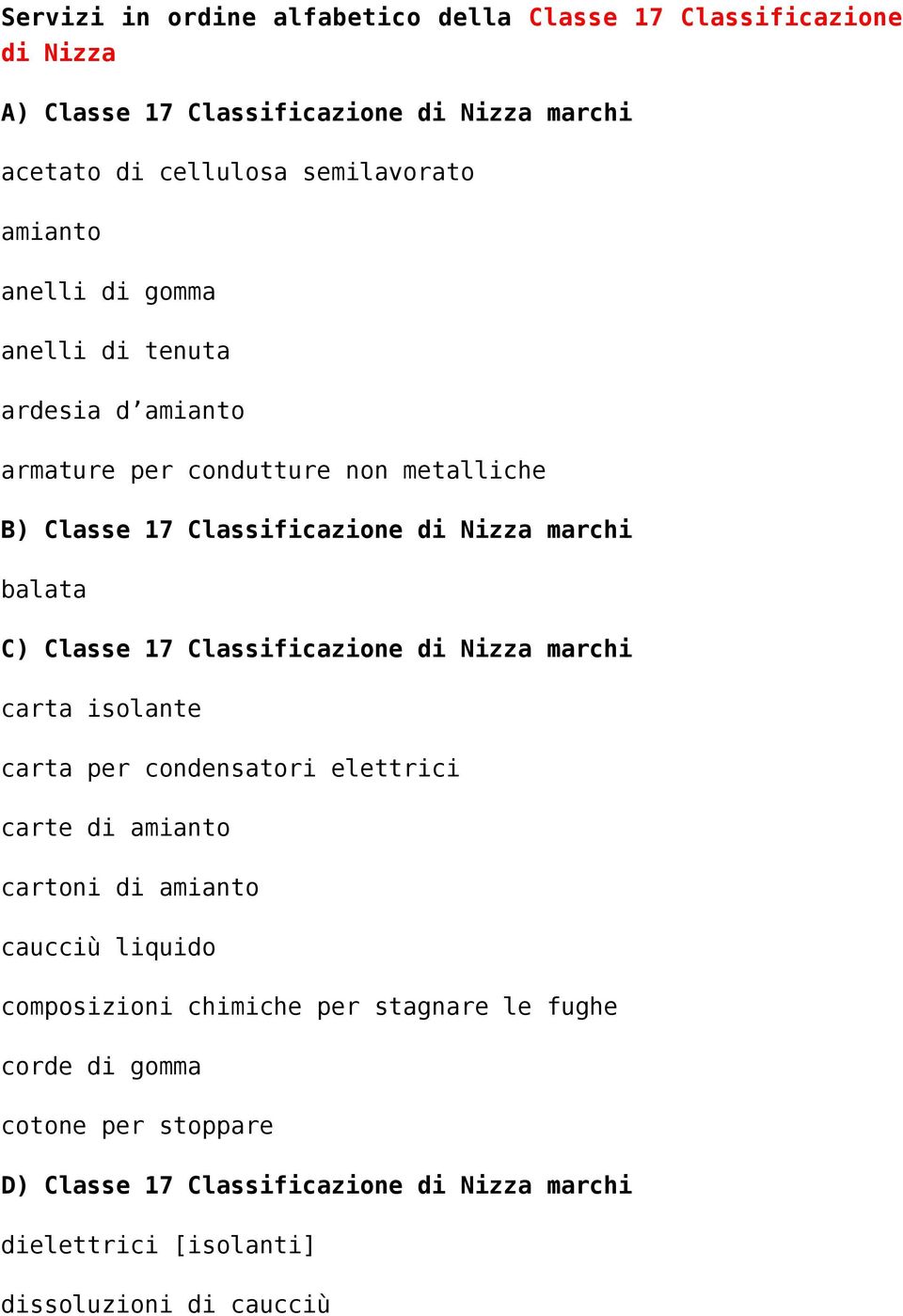 Classe 17 Classificazione di Nizza marchi carta isolante carta per condensatori elettrici carte di amianto cartoni di amianto caucciù liquido