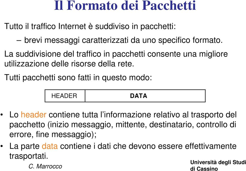 Tutti pacchetti sono fatti in questo modo: HEADER DATA Lo header contiene tutta l informazione relativo al trasporto del pacchetto