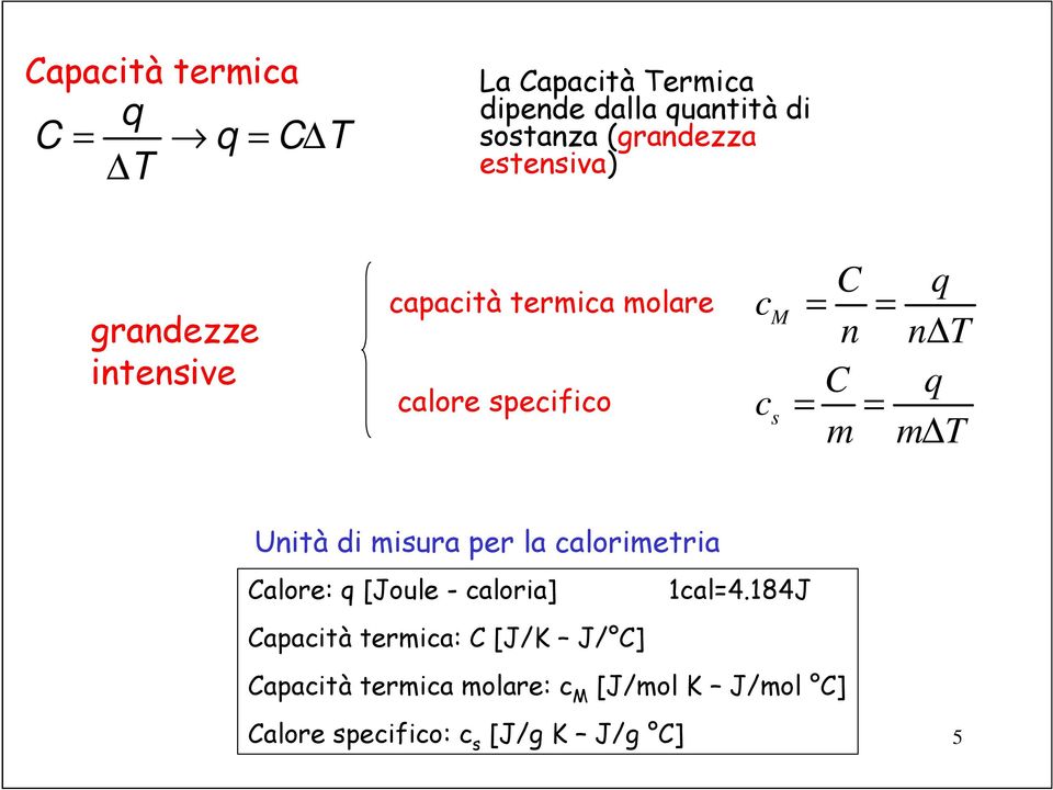 m T Unità di misura per la calorimetria Calore: q [Joule - caloria] cal4.