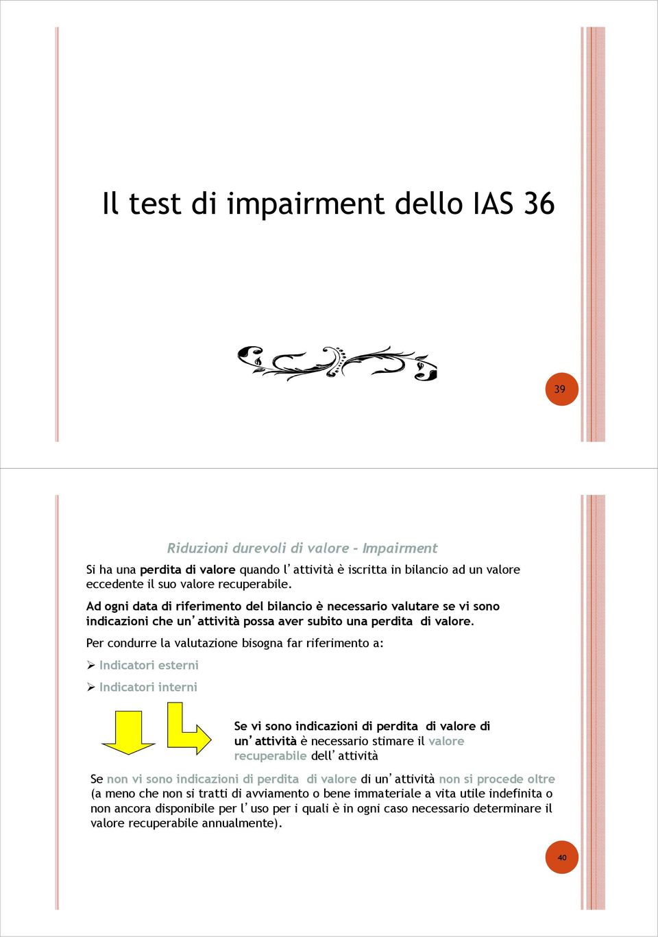 Per condurre la valutazione bisogna far riferimento a: Indicatori esterni Indicatori interni Se vi sono indicazioni di perdita di valore di un attività è necessario stimare il valore recuperabile