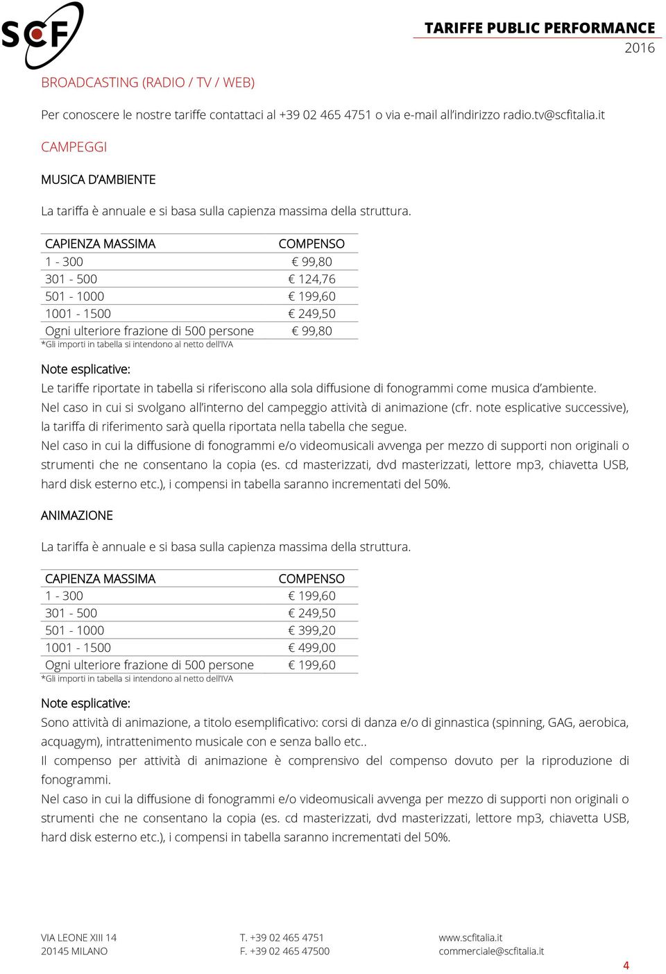 CAPIENZA MASSIMA 1-300 99,80 301-500 124,76 501-1000 199,60 1001-1500 249,50 Ogni ulteriore frazione di 500 persone 99,80 Le tariffe riportate in tabella si riferiscono alla sola diffusione di