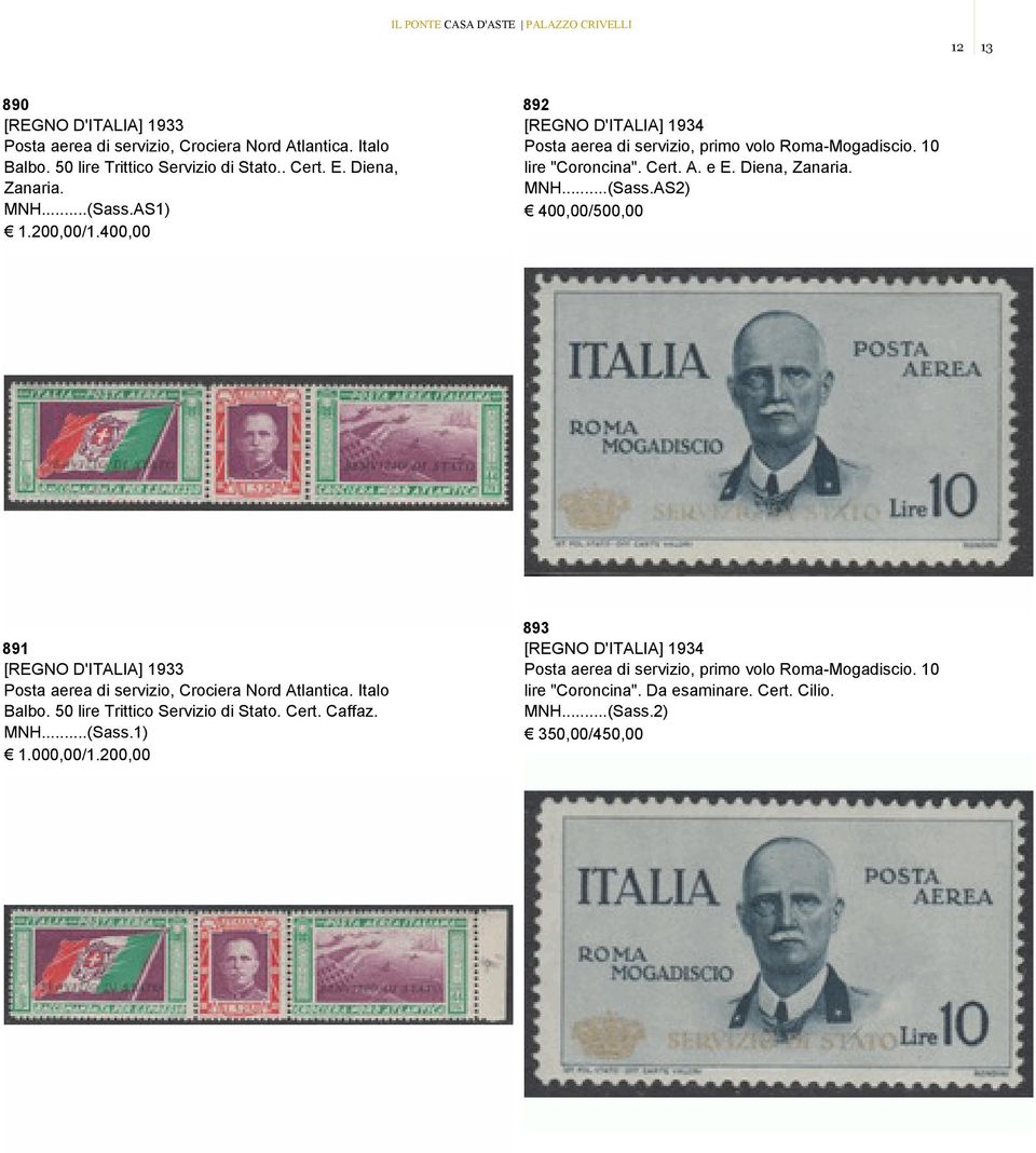 MNH...(Sass.AS2) 400,00/500,00 891 [REGNO D'ITALIA] 1933 Posta aerea di servizio, Crociera Nord Atlantica. Italo Balbo. 50 lire Trittico Servizio di Stato. Cert. Caffaz. MNH...(Sass.1) 1.