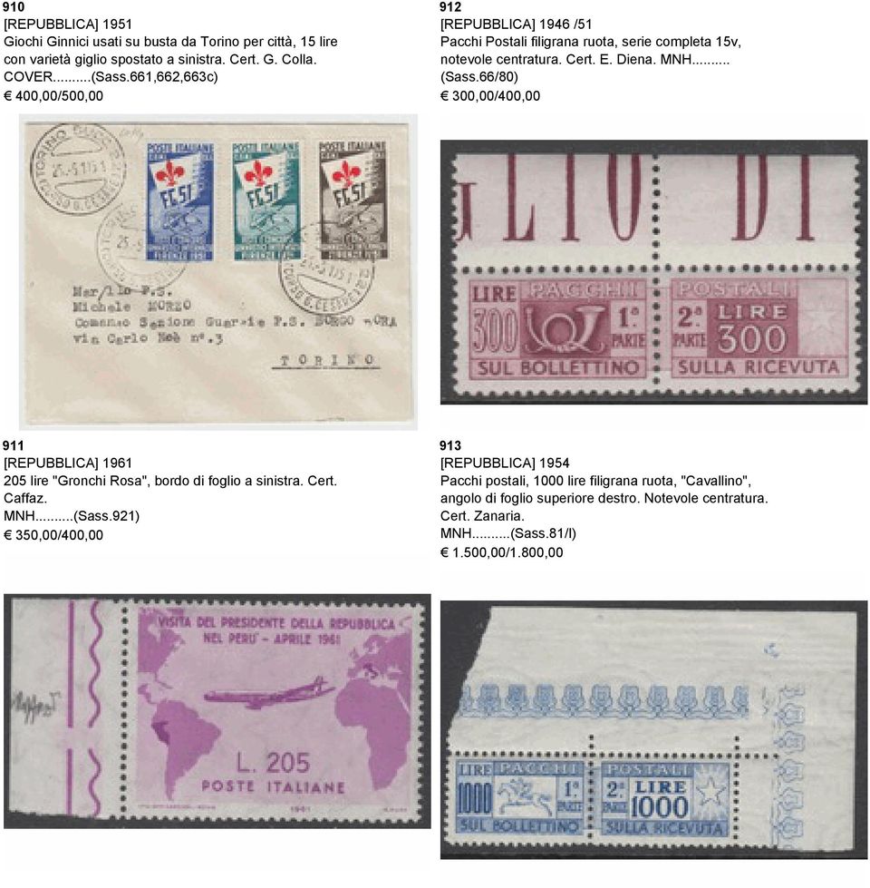 66/80) 300,00/400,00 911 [REPUBBLICA] 1961 205 lire "Gronchi Rosa", bordo di foglio a sinistra. Cert. Caffaz. MNH...(Sass.