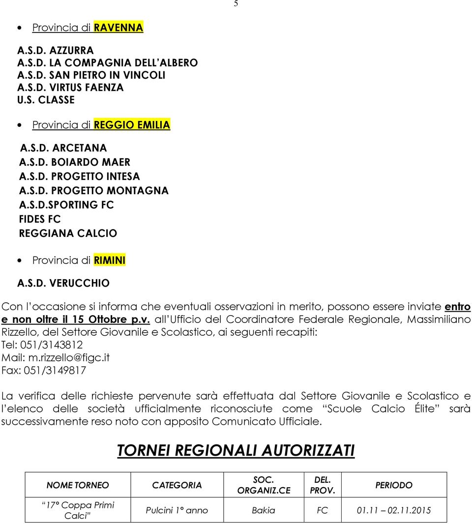 v. all Ufficio del Coordinatore Federale Regionale, Massimiliano Rizzello, del Settore Giovanile e Scolastico, ai seguenti recapiti: Tel: 051/3143812 Mail: m.rizzello@figc.