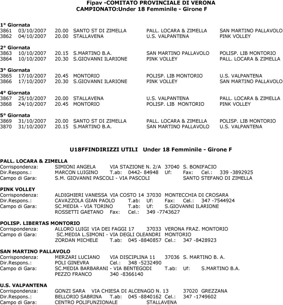 30 S.GIOVANNI ILARIONE PINK VOLLEY SAN MARTINO PALLAVOLO 3867 25/10/2007 20.00 STALLAVENA U.S. VALPANTENA PALL. LOCARA & ZIMELLA 3868 24/10/2007 20.45 MONTORIO POLISP.