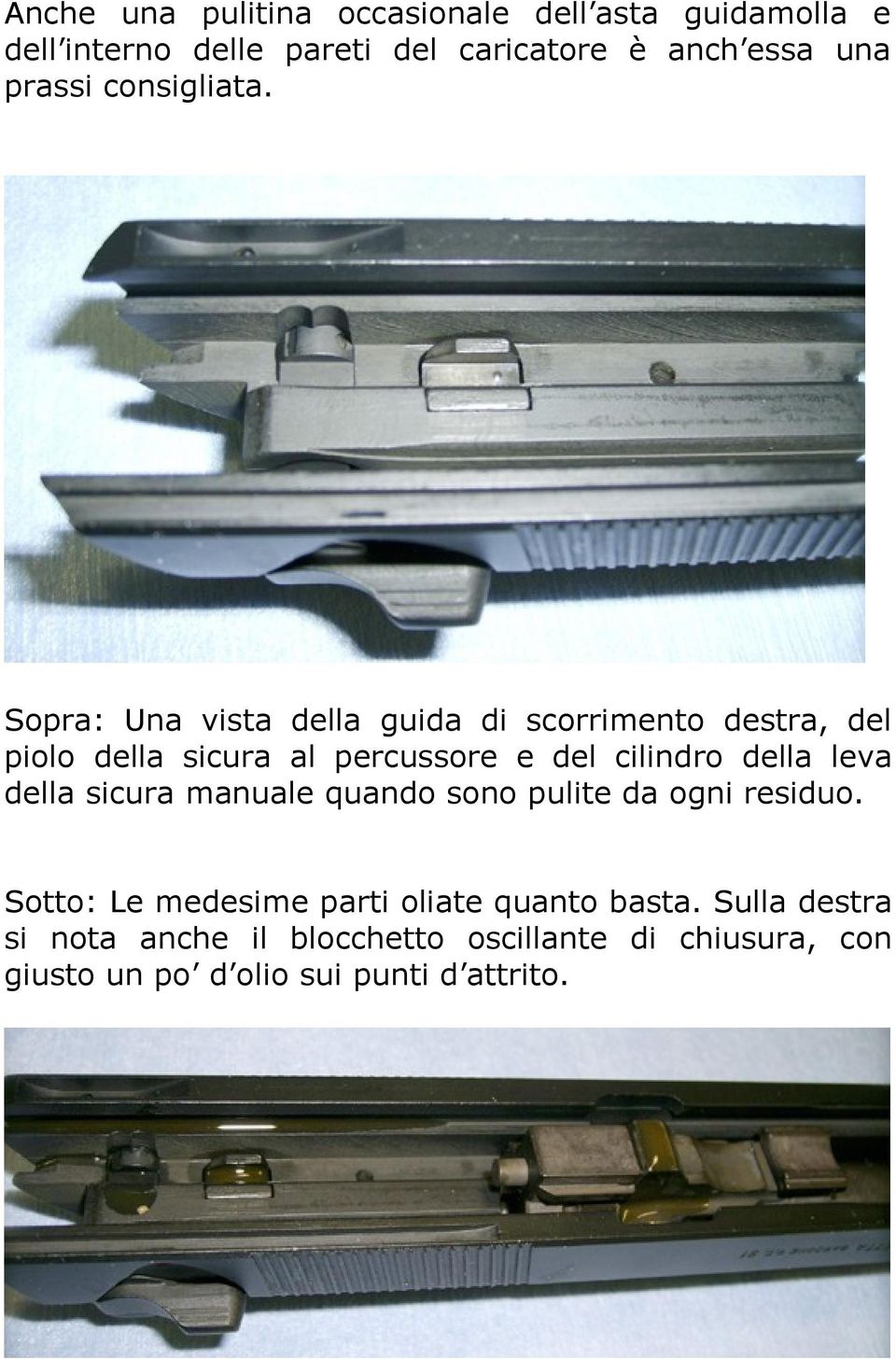 Sopra: Una vista della guida di scorrimento destra, del piolo della sicura al percussore e del cilindro della leva