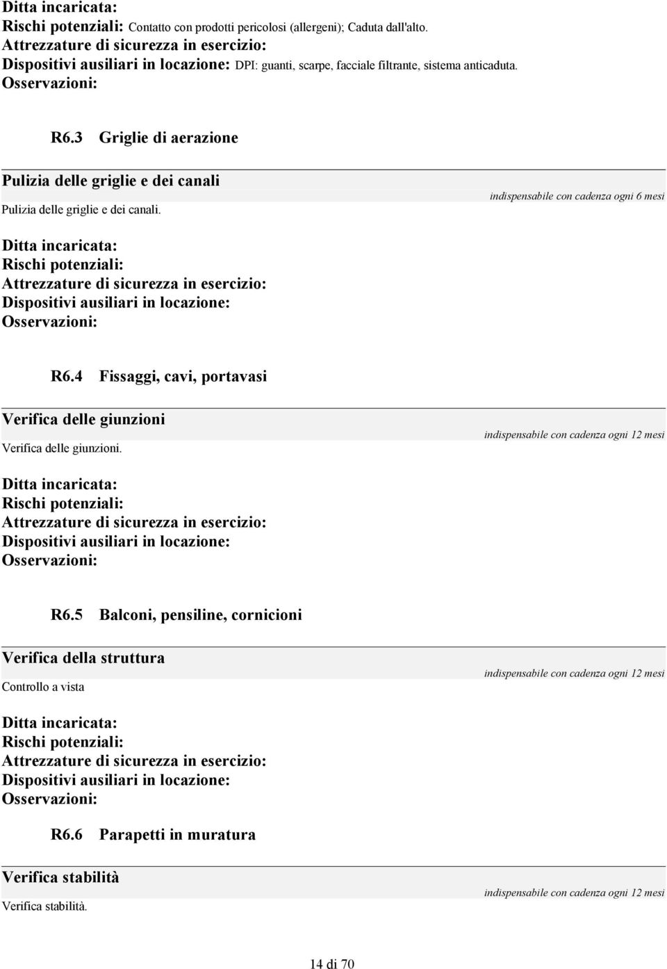 indispensabile con cadenza ogni 6 mesi R6.4 Fissaggi, cavi, portavasi Verifica delle giunzioni Verifica delle giunzioni. R6.5 Balconi, pensiline, cornicioni Verifica della struttura Controllo a vista R6.