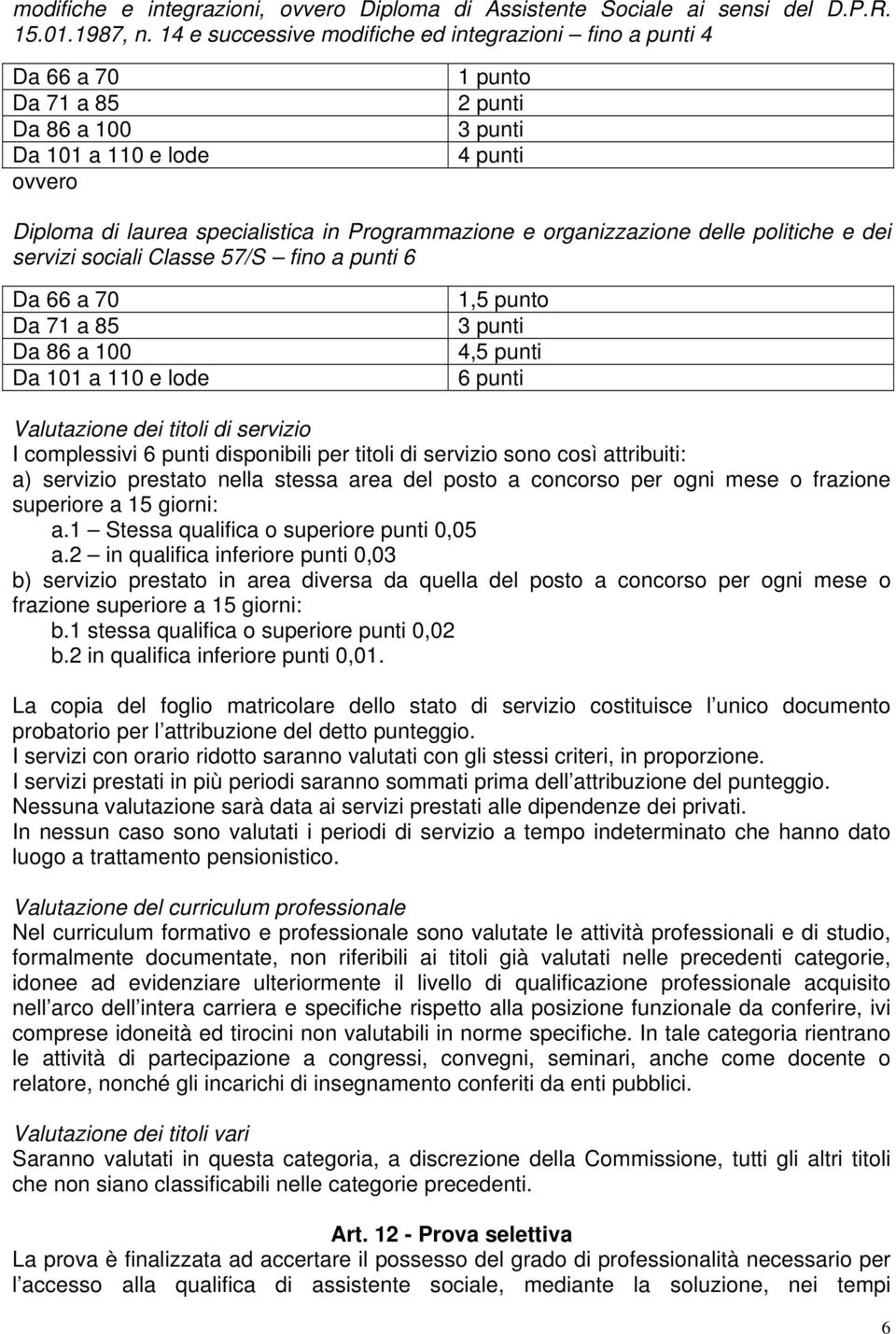 e organizzazione delle politiche e dei servizi sociali Classe 57/S fino a punti 6 Da 66 a 70 Da 71 a 85 Da 86 a 100 Da 101 a 110 e lode 1,5 punto 3 punti 4,5 punti 6 punti Valutazione dei titoli di