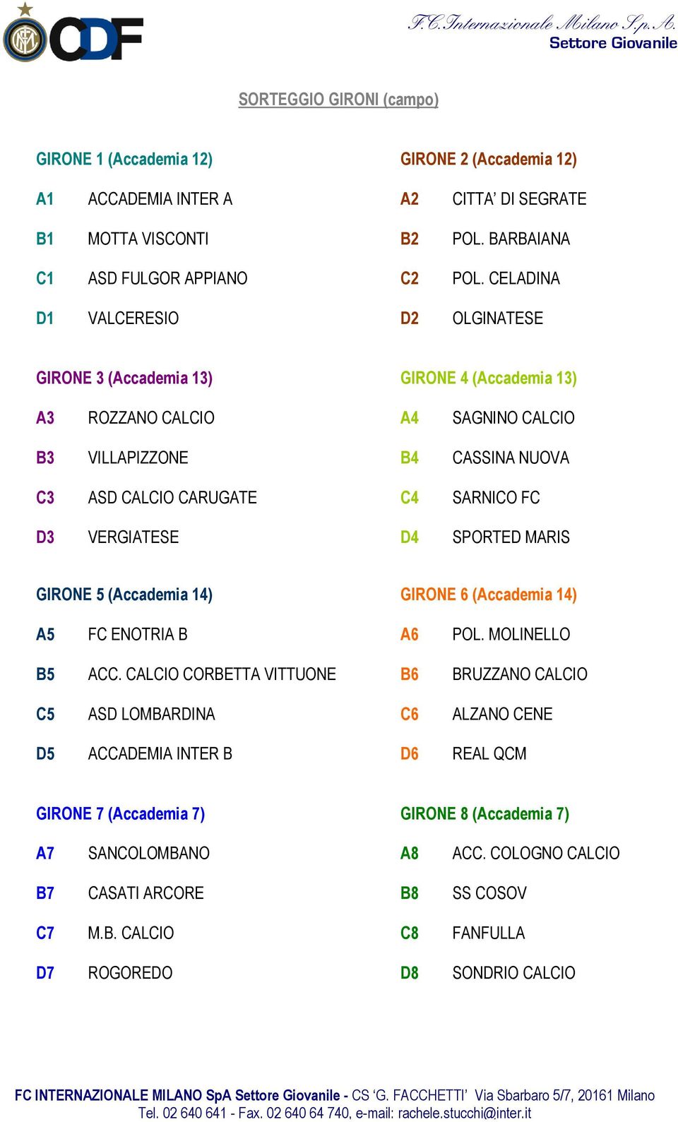 VERGIATESE D4 SPORTED MARIS GIRONE 5 (Accademia 14) GIRONE 6 (Accademia 14) A5 FC ENOTRIA B A6 POL. MOLINELLO B5 ACC.