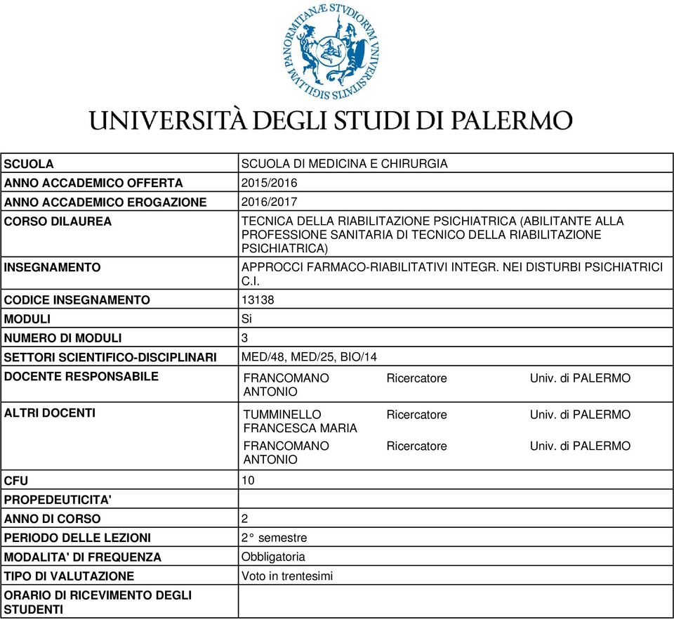 RICEVIMENTO DEGLI STUDENTI SCUOLA DI MEDICINA E CHIRURGIA TECNICA DELLA RIAILITAZIONE PSICHIATRICA (AILITANTE ALLA PROFESSIONE SANITARIA DI TECNICO DELLA RIAILITAZIONE