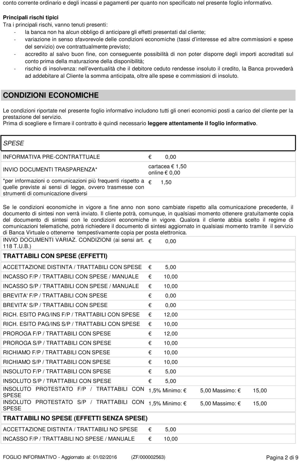 condizioni economiche (tassi d interesse ed altre commissioni e spese del servizio) ove contrattualmente previsto; - accredito al salvo buon fine, con conseguente possibilità di non poter disporre