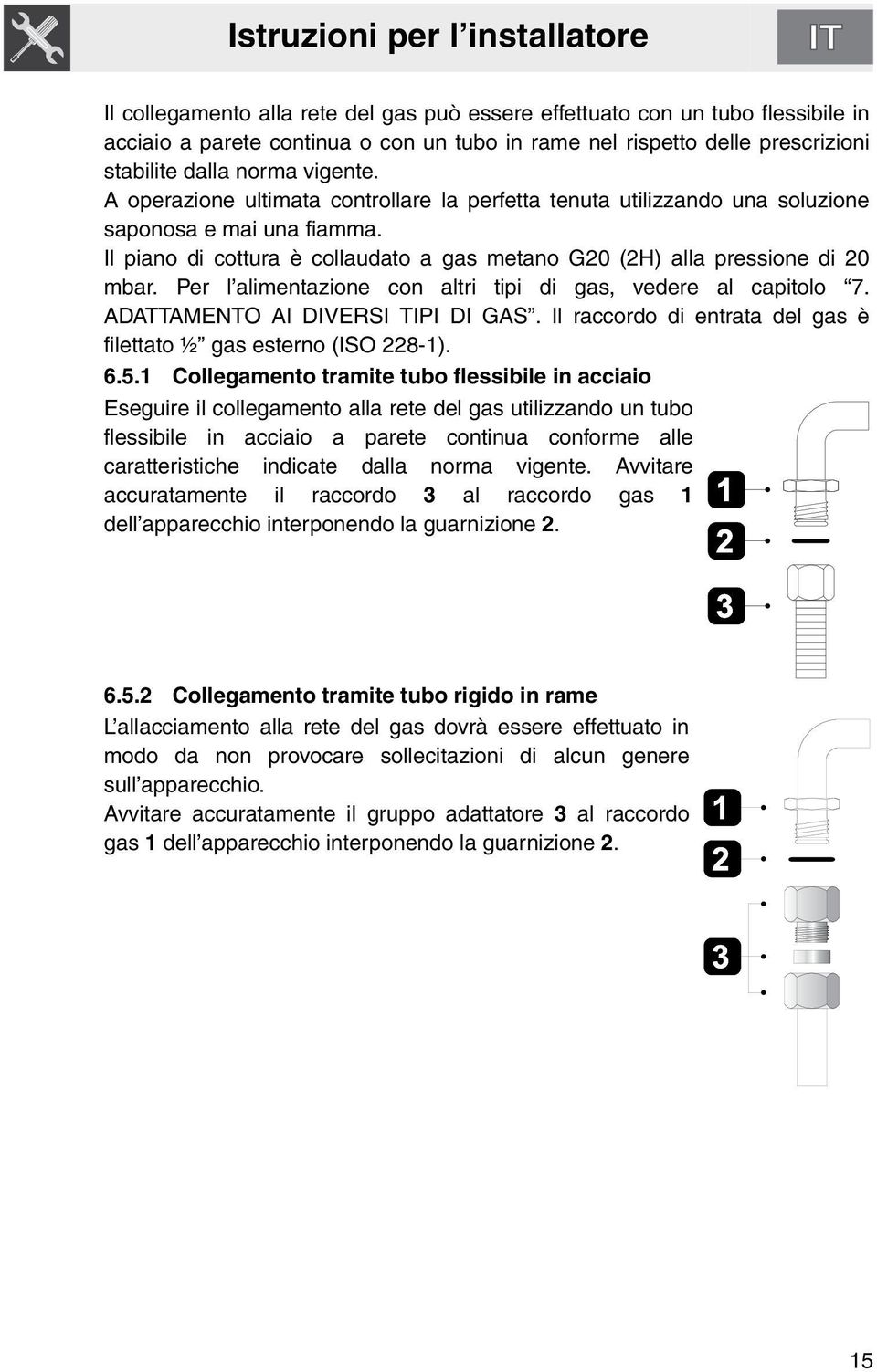 Il piano di cottura è collaudato a gas metano G20 (2H) alla pressione di 20 mbar. Per l alimentazione con altri tipi di gas, vedere al capitolo 7. ADATTAMENTO AI DIVERSI TIPI DI GAS.