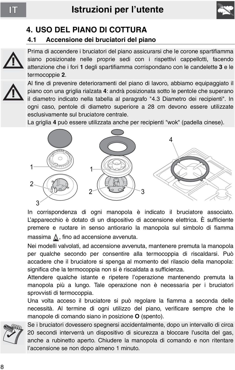 attenzione che i fori degli spartifiamma corrispondano con le candelette e le termocoppie 2.