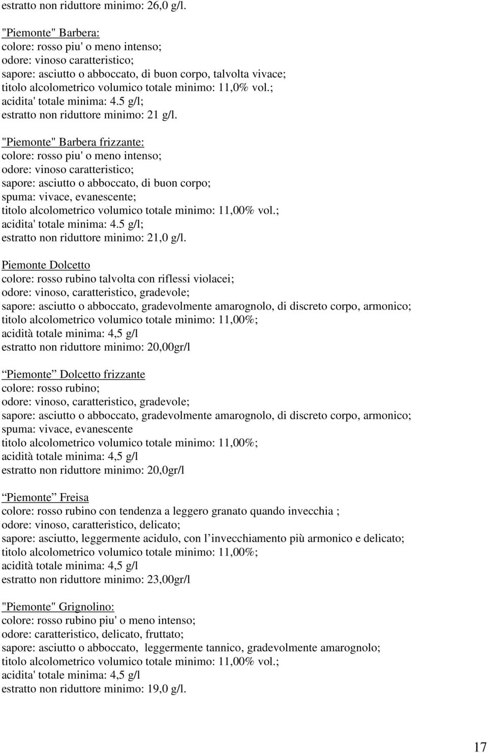 vol.; acidita' totale minima: 4.5 g/l; estratto non riduttore minimo: 21 g/l.