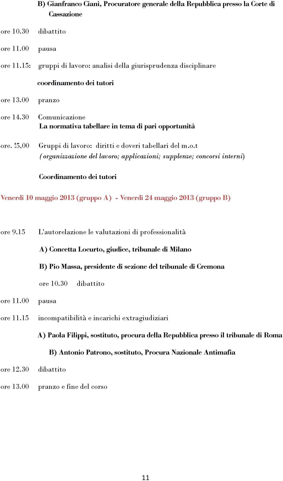 !5,00 pranzo Comunicazione La normativa tabellare in tema di pari opportunità Gruppi di lavoro: diritti e doveri tabellari del m.o.t (organizzazione del lavoro; applicazioni; supplenze; concorsi interni) Coordinamento dei tutori Venerdì 10 maggio 2013 (gruppo A) - Venerdì 24 maggio 2013 (gruppo B) ore 9.