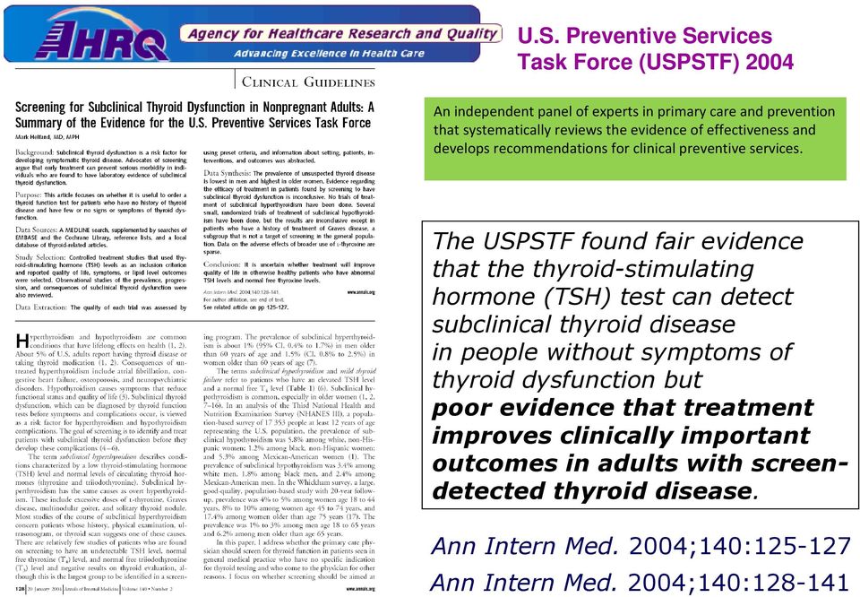 The USPSTF found fair evidence that the thyroid-stimulating hormone (TSH) test can detect subclinical thyroid disease in people without symptoms