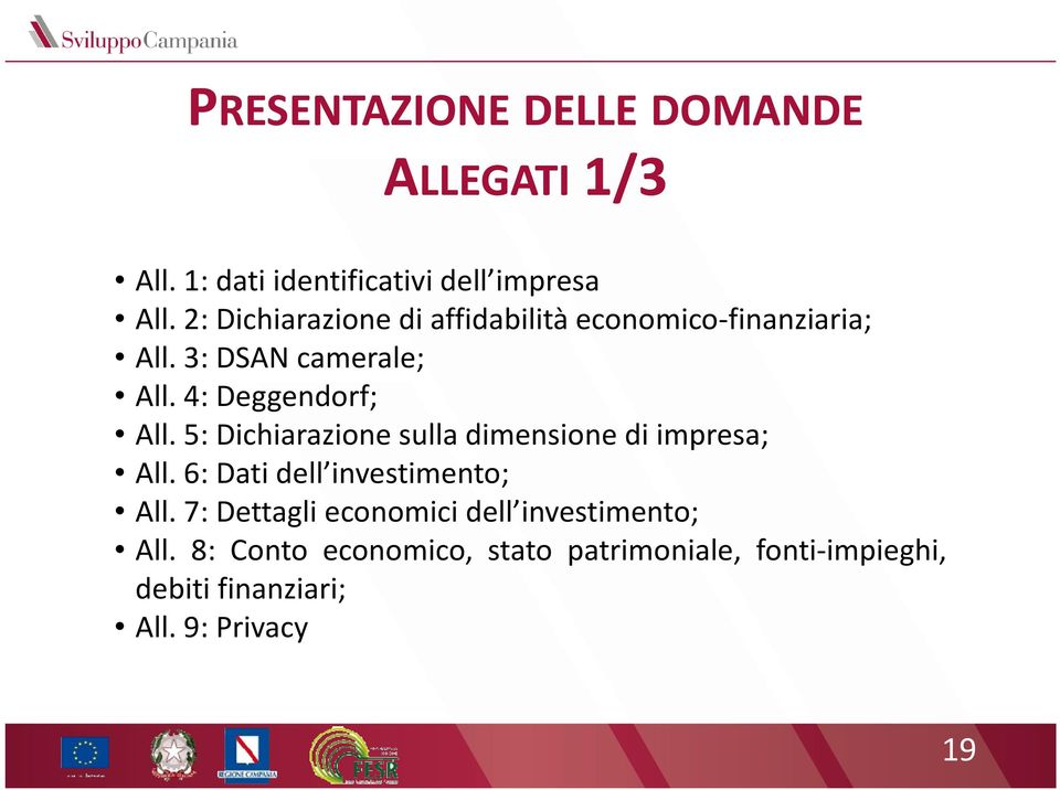 5: Dichiarazione sulla dimensione di impresa; All. 6: Dati dell investimento; All.