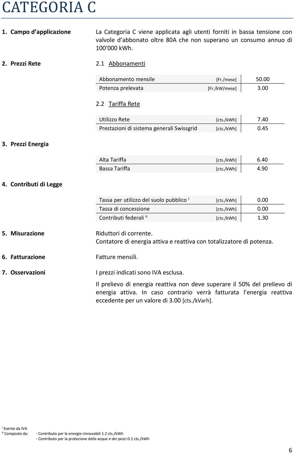 Prezzi Rete 2.1 Abbonamenti Abbonamento mensile [Fr./mese] 50.00 Potenza prelevata [Fr./kW/mese] 3.00 2.2 Tariffa Rete Utilizzo Rete [cts./kwh] 7.40 Alta Tariffa [cts./kwh] 6.