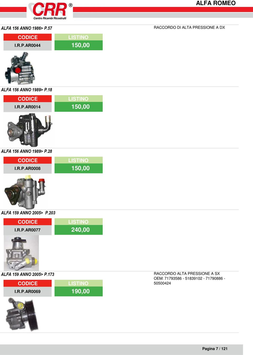 203 I.R.P.AR0077 240,00 ALFA 159 ANNO 2005> P.173 I.R.P.AR0069 190,00 OEM: 71793586-51839102 - 71790886-50500424 Pagina 7 / 121