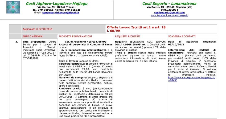 Sede di lavoro: Comune di Elmas. Tipologia contrattuale: tirocinio formativo ai sensi della L.68/99 art.