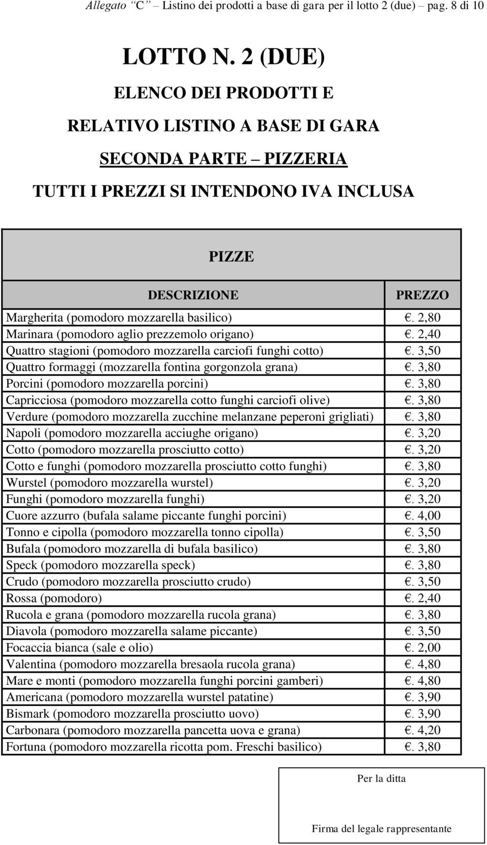 2,80 Marinara (pomodoro aglio prezzemolo origano). 2,40 Quattro stagioni (pomodoro mozzarella carciofi funghi cotto). 3,50 Quattro formaggi (mozzarella fontina gorgonzola grana).