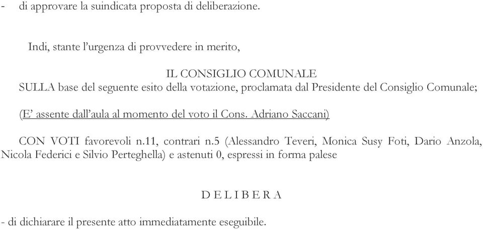 Presidente del Consiglio Comunale; (E assente dall aula al momento del voto il Cons. Adriano Saccani) CON VOTI favorevoli n.