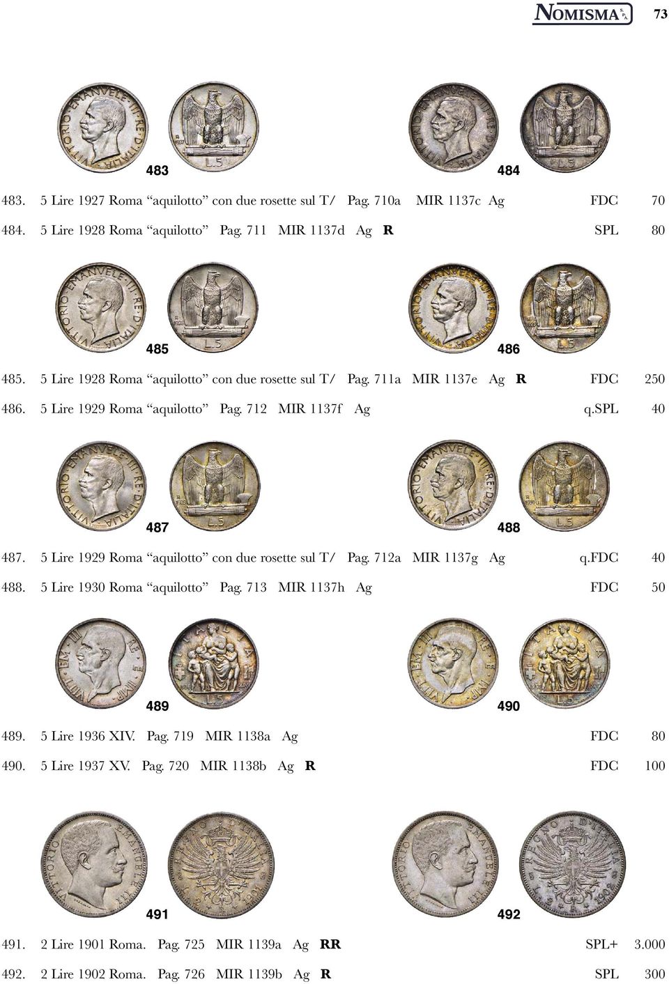 5 Lire 1929 Roma aquilotto con due rosette sul T/ Pag. 712a MIR 1137g Ag q.fdc 40 488. 5 Lire 1930 Roma aquilotto Pag. 713 MIR 1137h Ag FDC 50 489 490 489. 5 Lire 1936 XIV. Pag. 719 MIR 1138a Ag FDC 80 490.