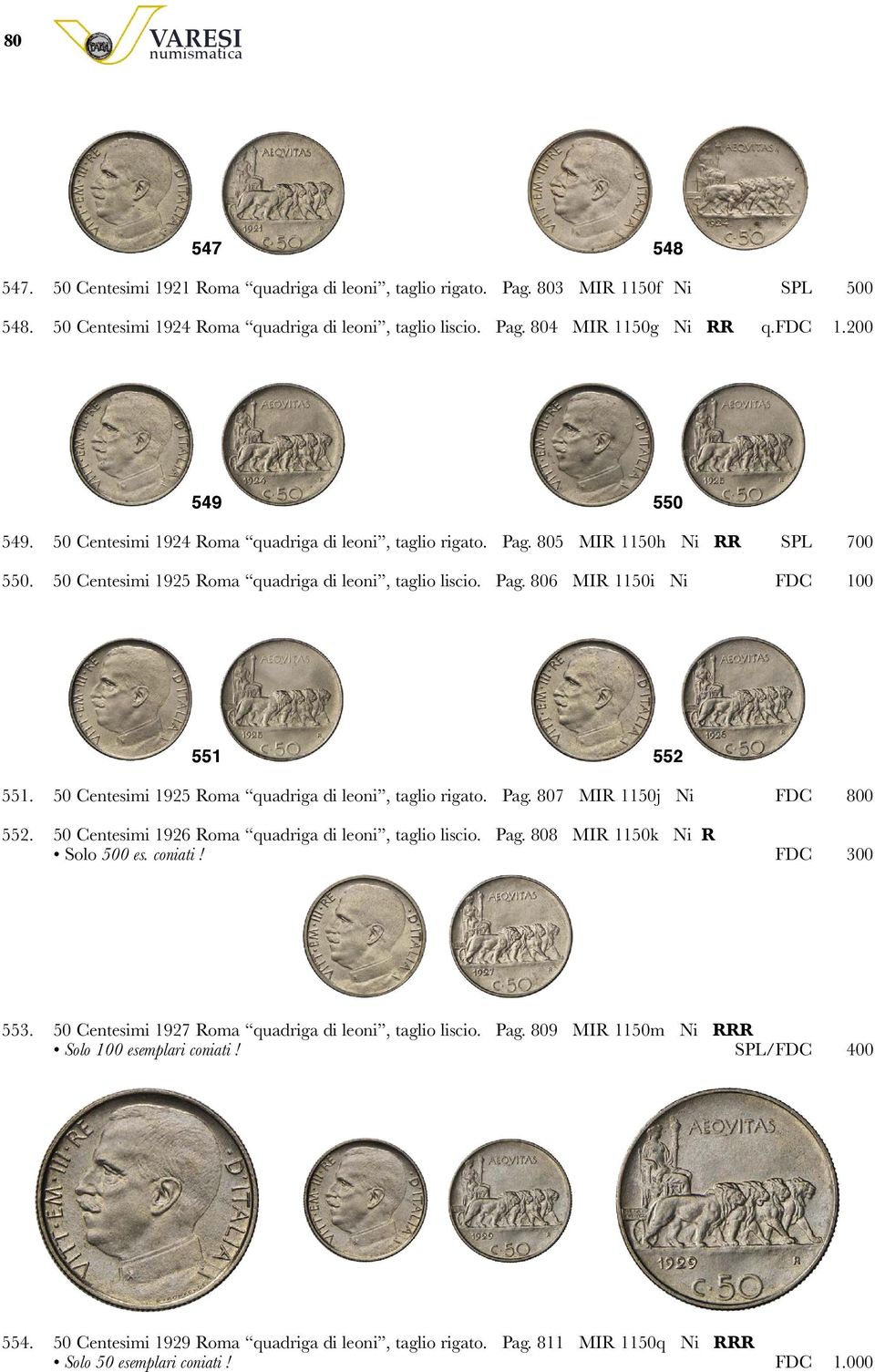 50 Centesimi 1925 Roma quadriga di leoni, taglio rigato. Pag. 807 MIR 1150j Ni FDC 800 552. 50 Centesimi 1926 Roma quadriga di leoni, taglio liscio. Pag. 808 MIR 1150k Ni R Solo 500 es. coniati!