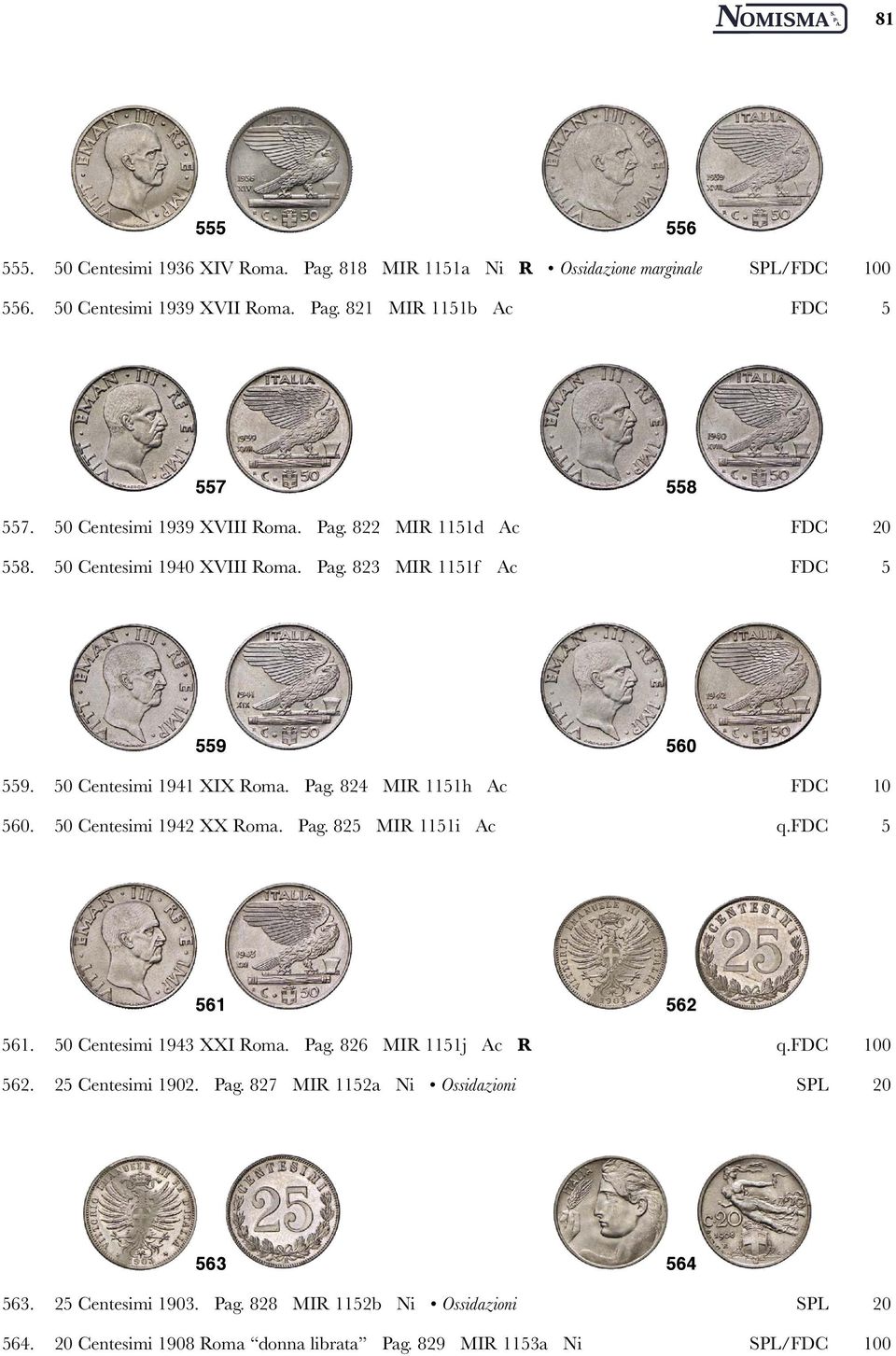 50 Centesimi 1942 XX Roma. Pag. 825 MIR 1151i Ac q.fdc 5 561 562 561. 50 Centesimi 1943 XXI Roma. Pag. 826 MIR 1151j Ac R q.fdc 100 562. 25 Centesimi 1902. Pag. 827 MIR 1152a Ni Ossidazioni SPL 20 563 564 563.