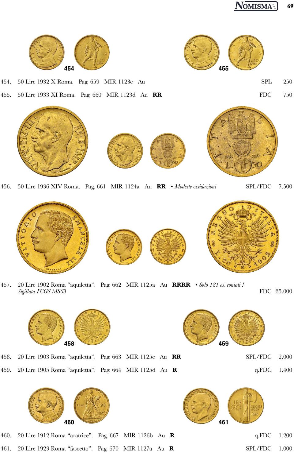 Sigillata PCGS MS63 FDC 35.000 458 459 458. 20 Lire 1903 Roma aquiletta. Pag. 663 MIR 1125c Au RR SPL/FDC 2.000 459. 20 Lire 1905 Roma aquiletta. Pag. 664 MIR 1125d Au R q.