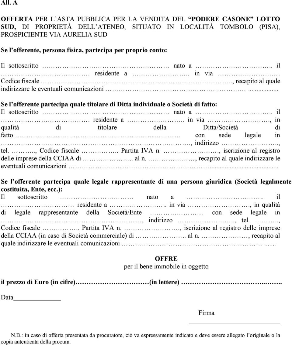 .. Se l offerente partecipa quale titolare di Ditta individuale o Società di fatto: Il sottoscritto nato a.. il. residente a.. in via.