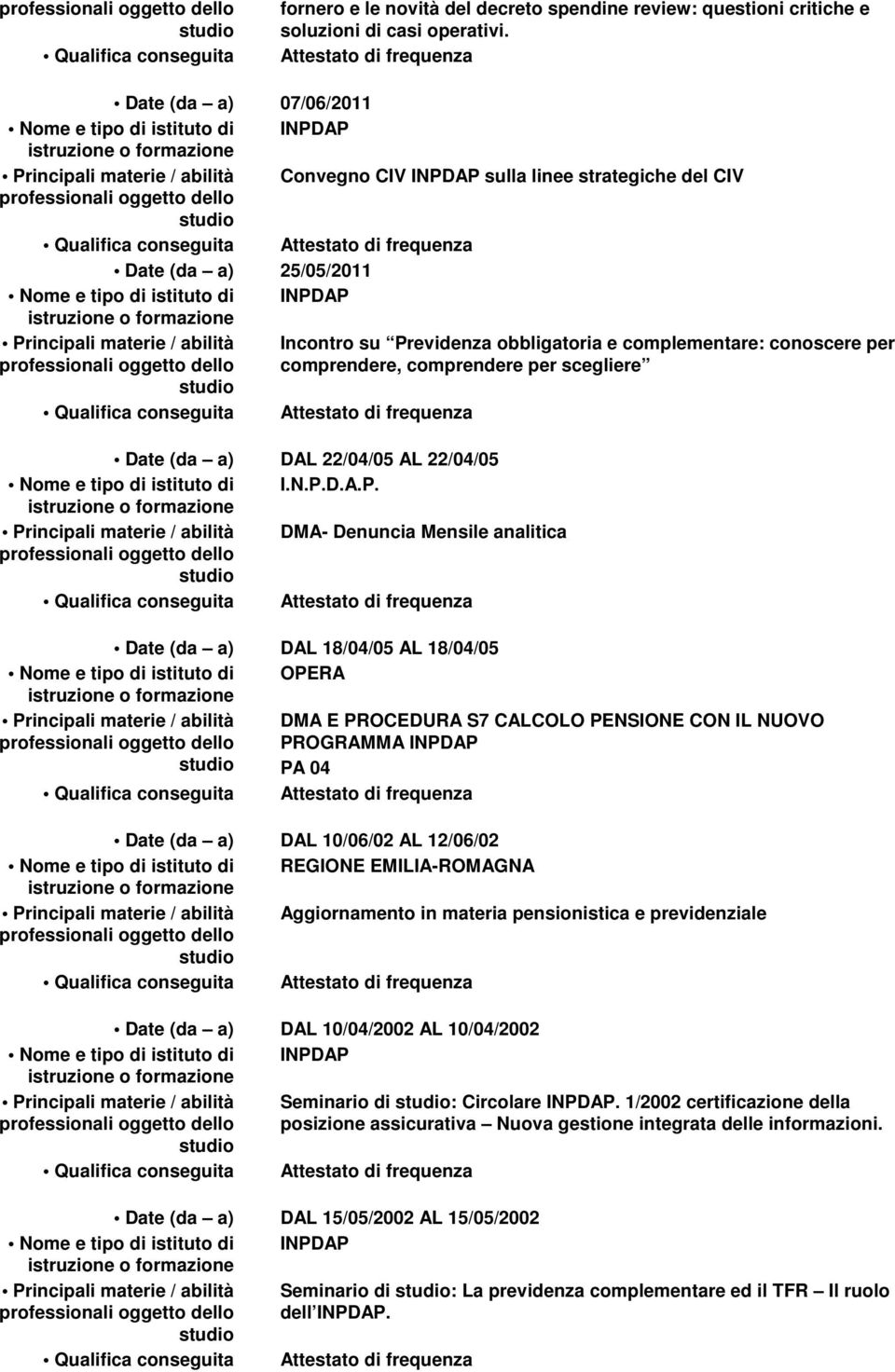 Previdenza obbligatoria e complementare: conoscere per comprendere, comprendere per scegliere Date (da a) DAL 22/04/05 AL 22/04/05 Nome e tipo di istituto di I.N.P.D.A.P. Principali materie / abilità